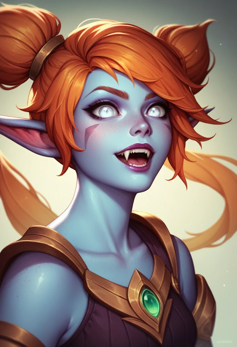 League of Legends, A young girl with azure-blue skin, pixie-sharp ears, and a delicate athletic body. Prominent large fangs and piercing white eyes complete her striking appearance. Her long ginger hair is loose and disheveled. She is dressed in the clothes of a poor farmer in a fantasy world