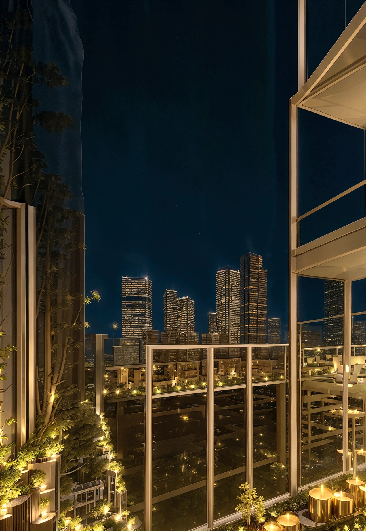 skyscraper balcony、Luxury furniture、night、nightの町並みの遠景、I see fireworks