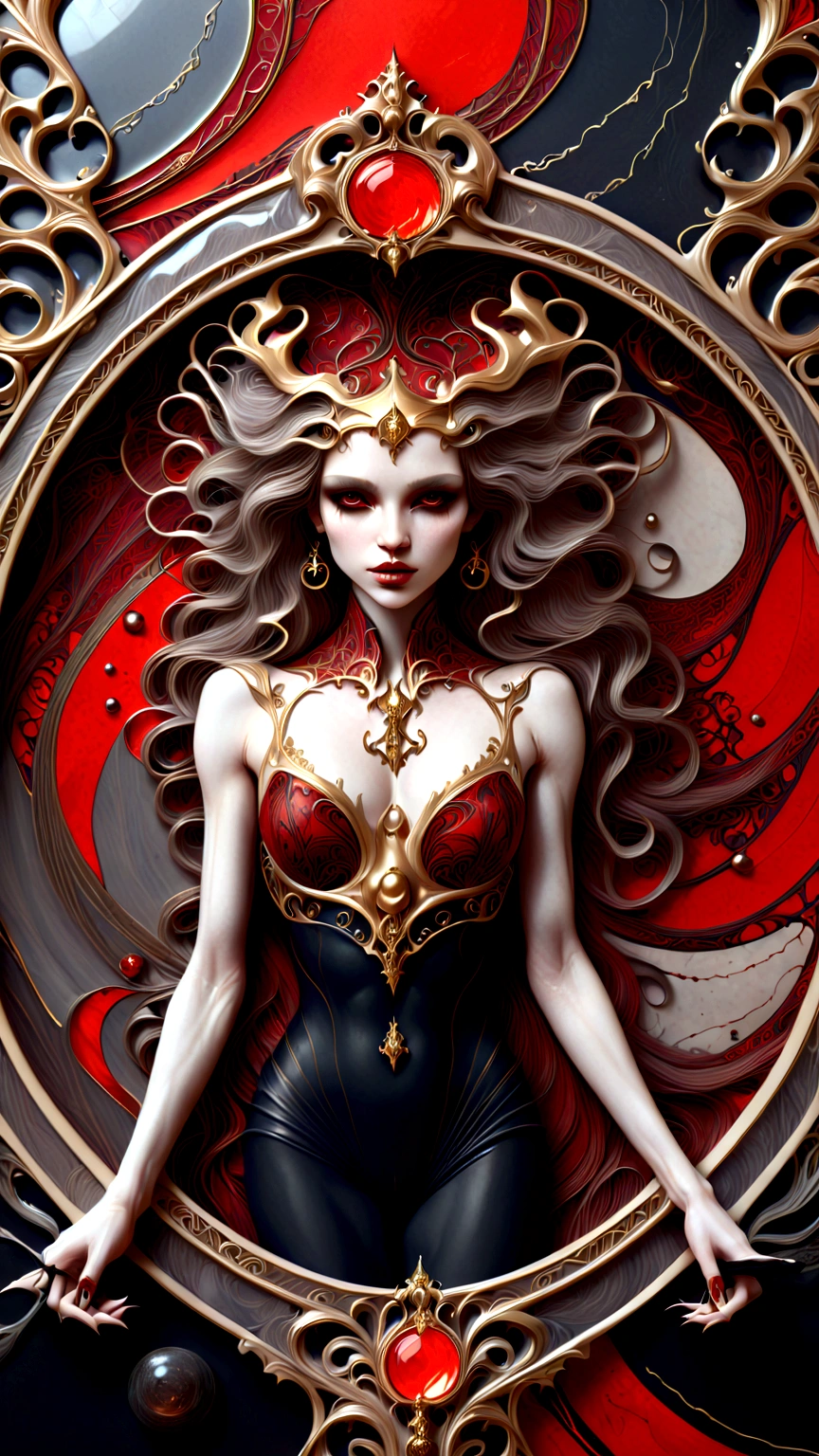 a beautiful illustration of a very muscular vampire girl in an abstract marble texture with a tarot style frame, with colors of obsidian black, shiny gold, and ruby red, highly detailed, intricate design, BY Anne Bachelier,