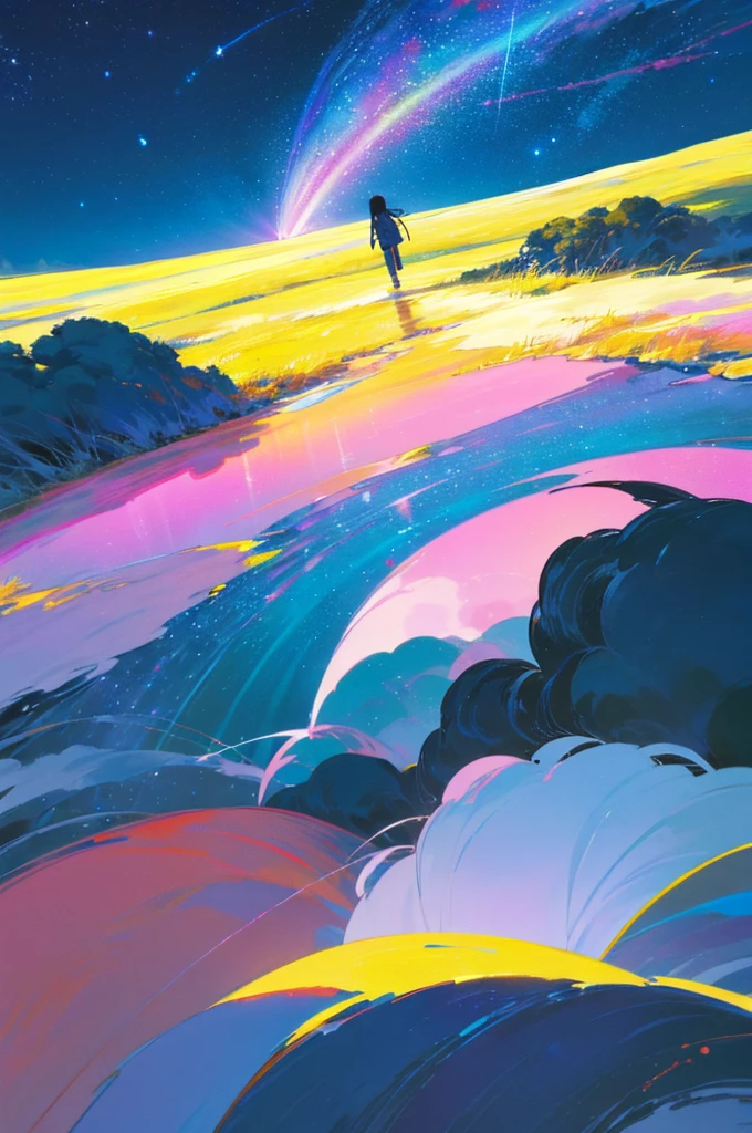 Stunning minimalist landscape illustration of a starry night sky with rippling clouds, tall grass and stars, in the style of Makoto Shinkai, detailed digital art, vibrant colors, dramatic lighting, 8K resolution.