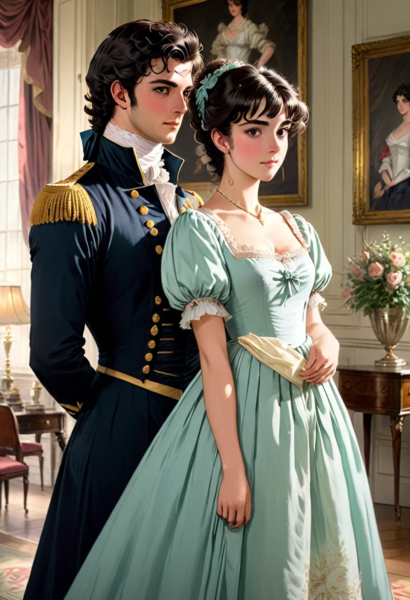 Very British English Regency 1797 to 1822 looks feels Very best quality, masterpiece , a very retro vintage kinda look feel 8K,High HD,higher rselutionHigh quality very anime semi realism Show a very English regency period young handsome looking couple male anf female show woman in noeclassical loose kinda thin kinda almost greco romanesque style dress with high waist short kind very somewhat puffed sleeves in pastel shades and colors with a very regency period looking young man dashing kinda rakish very very dark night dark hair haired even very kinda Bridgerton/Jane Austen kinda looks feels in Regency England drawing room settings classical British look feels with female women empire high waisted detailed dresses