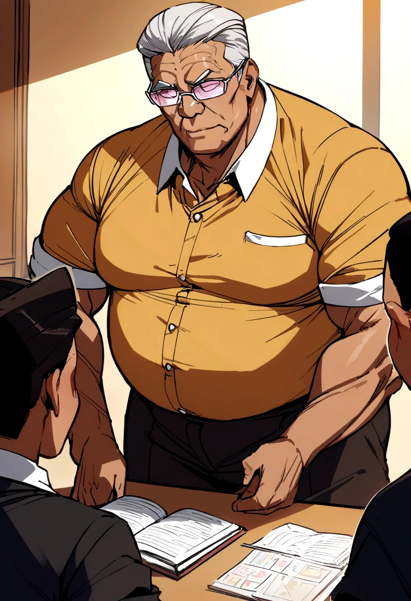 Best quality, intricate, masterpiece, man Indonesian, Teacher, muscle, mature old age, chubby, teacher's uniform, teaching students, class room, small dick, transparent glasses.