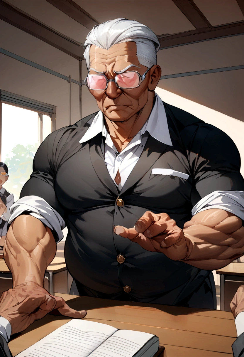 Best quality, intricate, masterpiece, man Indonesian, Teacher, muscle, mature old age, chubby, teacher's uniform, teaching students, class room,  small dick, transparent glasses.