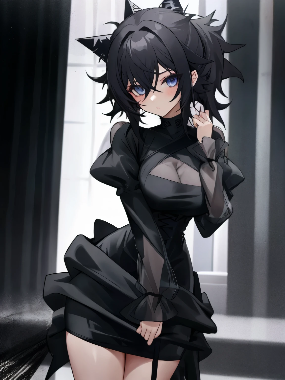 1girl, goth, black bodycon dress, mesh sleeves, messy hair, bedhead, tight dress, tight clothing, standing, looking at viewer