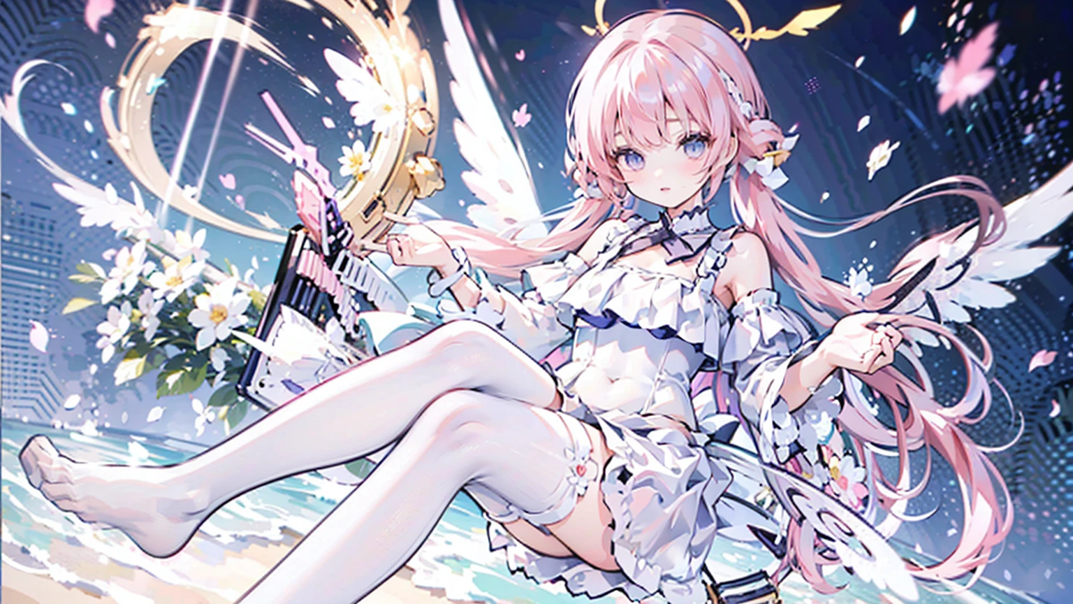 ( high quality , Super detailed, Watch your hands )This character is a beautifully designed anime-like character with delicate features. She has long, pastel pink hair that flows down to her ankles, with bangs swept to the side. Her eyes are large and expressive, with pink irises, which are commonly seen in anime-style characters. She is wearing a fantasy-inspired outfit that combines purple and black colors with gold accents. The outfit includes a form-fitting bodice with a high collar, frills, lace details, and thigh-high stockings with ribbon lacing. The character is adorned with ribbon-like accessories, such as a large bow in her hair and smaller bows on her outfit. She also has gold chains hanging from her waist and thigh. Her pose is playful, with one leg lifted slightly and a finger held to her lips, suggesting a secret or silence. Additionally, she has two elaborate wings, possibly mechanical or magical in nature, with multiple segments and a circular design near the base. The character is depicted in a vibrant scene with flowers matching her hair color, patches of grass, and a gemstone on the ground, creating a whimsical and otherworldly atmosphere.Chibi Character