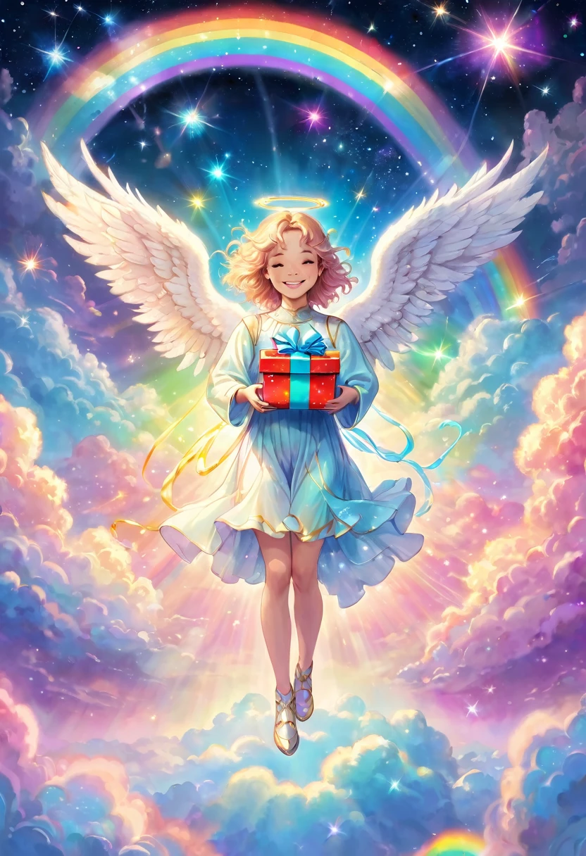 Smiling angel holding a present, surrounded by pastel rainbow lights, above the clouds, space, galaxy