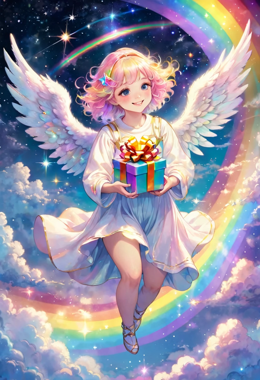 Smiling angel holding a present, surrounded by pastel rainbow lights, above the clouds, space, galaxy