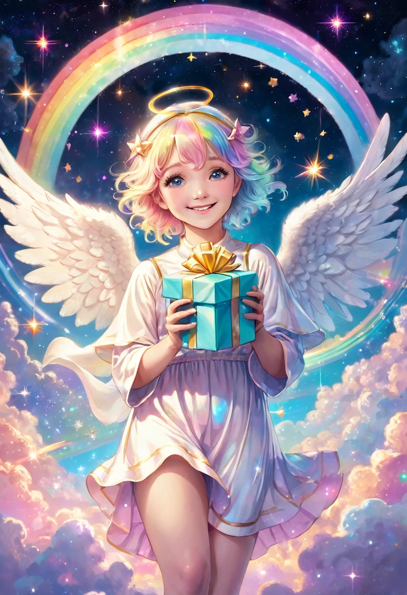 Smiling angel holding a present, surrounded by pastel rainbow lights, above the clouds, space, galaxy