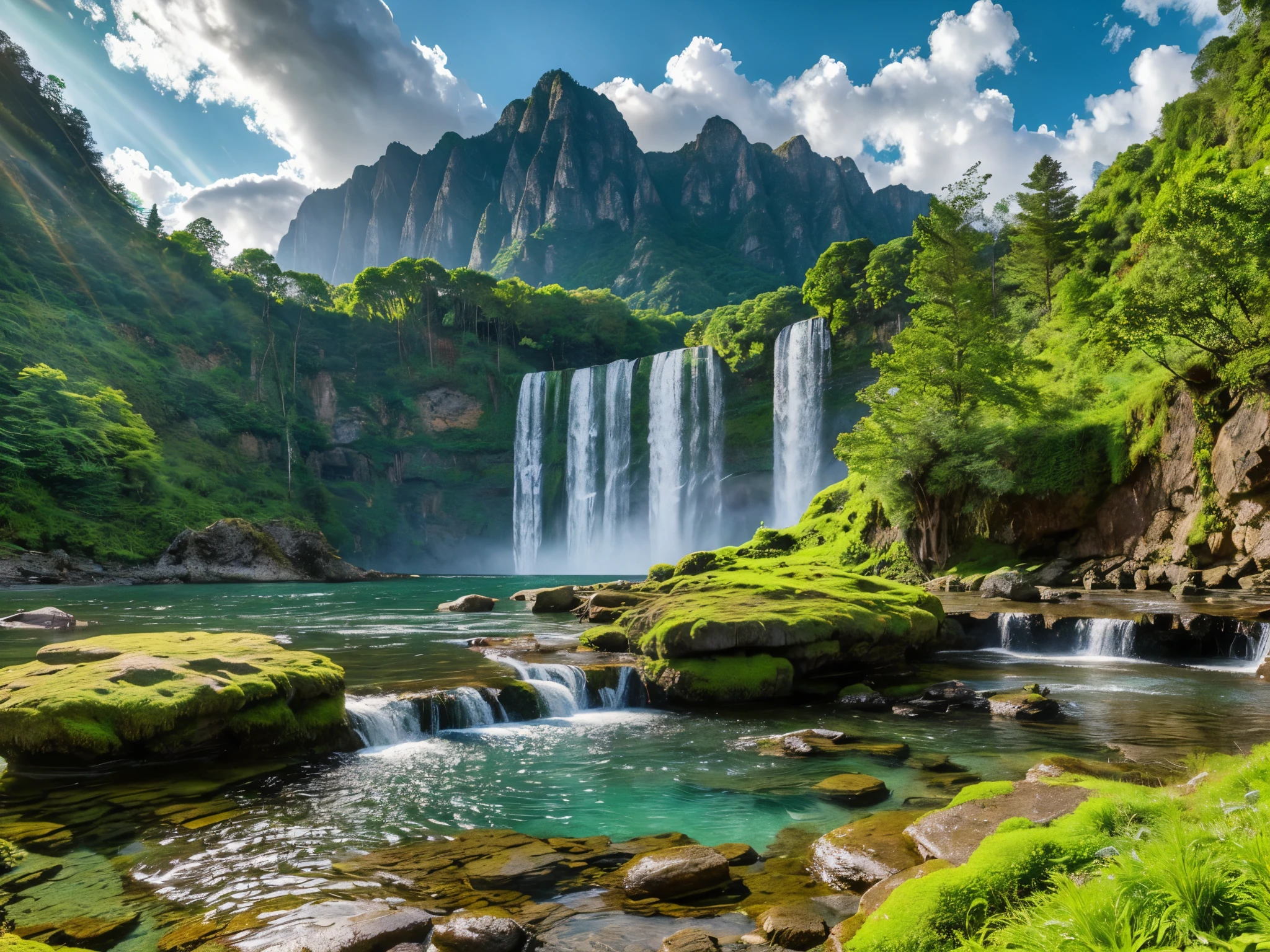 a stunning waterfall cascading down a rugged mountainside, lush green foliage surrounding the scene, crystal clear water flowing over mossy rocks, dramatic cloudy sky with rays of sunlight peeking through, photorealistic, detailed landscape, serene atmosphere, natural beauty