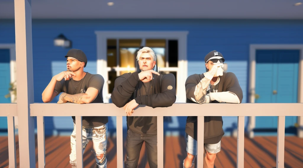three men standing on a deck with their arms crossed, fvckrender, realism in style of fornite game, in front of the house, realistic scene, balcony scene, stylish pose, realism artstyle, casual pose, gang house, posing for a fight intricate, realistic artstyle, with fully detailed faces, videogame still, looks realistic, realistic fortnite