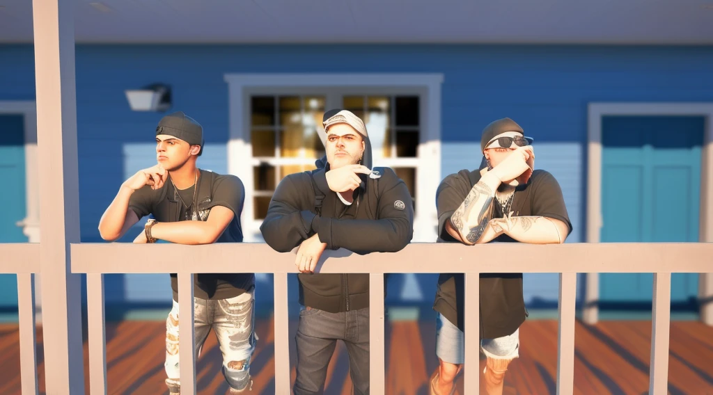 three men standing on a deck with their arms crossed, fvckrender, realism in style of fornite game, in front of the house, realistic scene, balcony scene, stylish pose, realism artstyle, casual pose, gang house, posing for a fight intricate, realistic artstyle, with fully detailed faces, videogame still, looks realistic, realistic fortnite