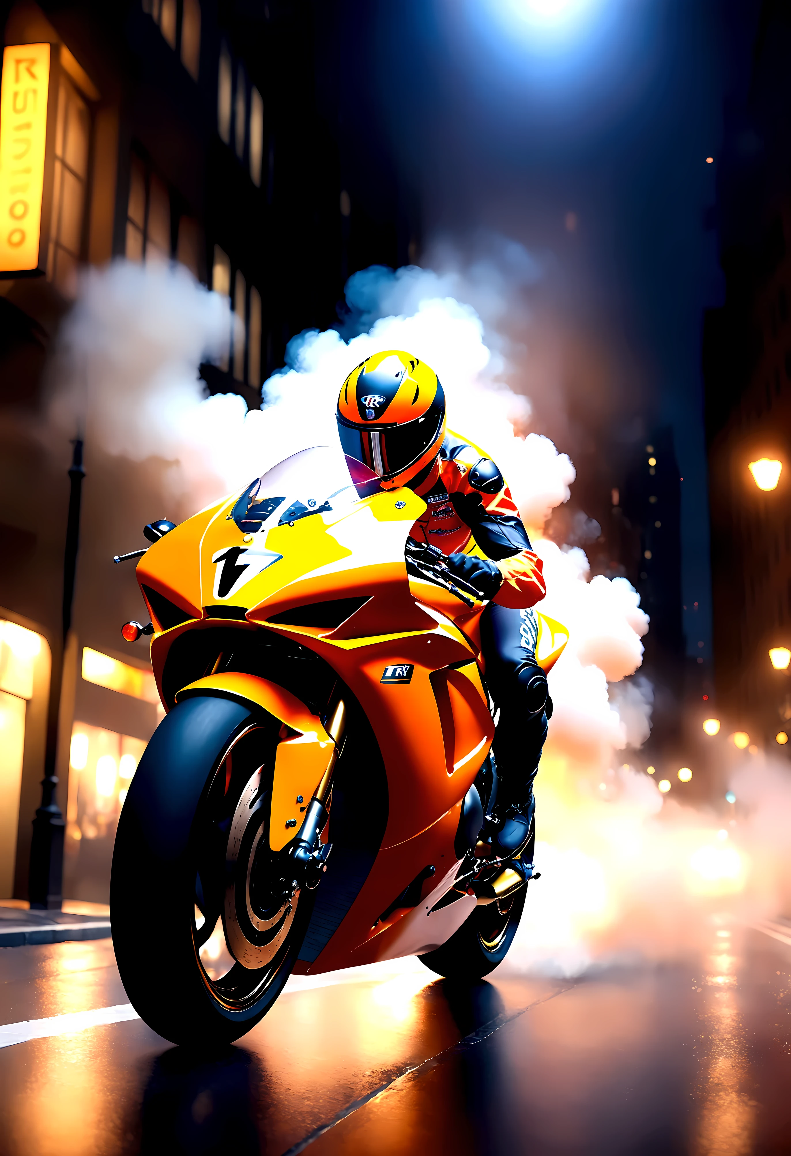 ((Masterpiece in maximum 16K resolution):1.6),((soft_color_photograpy:)1.5), ((Ultra-Detailed):1.4),((Movie-like still images and dynamic angles):1.3), ((motion blur):1.1) | (Cinematic backview photo of a speeding Superbike), (street race), (cinematic lens), ((tyndall effect):1.1), (Street light), (smoke), (super bike), ((backview):1.2), (Night at City Street), (sense of speed), (shimmer), (visual experience), (Realism), (Realistic), award-winning graphics, dark shot, film grain, extremely detailed, Digital Art, rtx, Unreal Engine, scene concept anti glare effect, All captured with sharp focus. | Rendered in ultra-high definition with UHD and retina quality, this masterpiece ensures anatomical correctness and textured skin with super detail. With a focus on high quality and accuracy, this award-winning portrayal captures every nuance in stunning 16k resolution, immersing viewers in its lifelike depiction. Avoid extreme angles or exaggerated expressions to maintain realism. | ((perfect_composition, perfect_design, perfect_layout, perfect_detail, ultra_detailed)), ((enhance_all, fix_everything)), More Detail, Enhance.