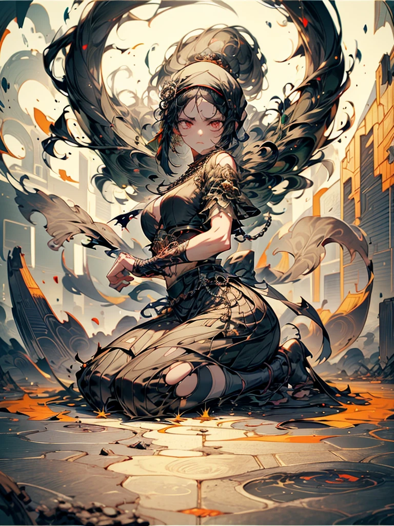 A stunning 8K digital artwork portraying a young Japanese manga girl in her twenties, embodying the essence of anguish and submission. She is depicted with intricate details, her torn clothes and black jilbab contrasting against her delicate features. Her hands are bound by heavy chains, forcing her into a position of vulnerability as she kneels on the unforgiving cobblestone ground in a traditional seiza stance. The agony in her expression is palpable, radiating defeat and helplessness. Surrounding her are onlookers, their gazes a mix of curiosity and indifference, adding to the overwhelming atmosphere of oppression and captivity. This powerful image is a striking interpretation of the intersecting themes of struggle and resilience in the world of manga art.