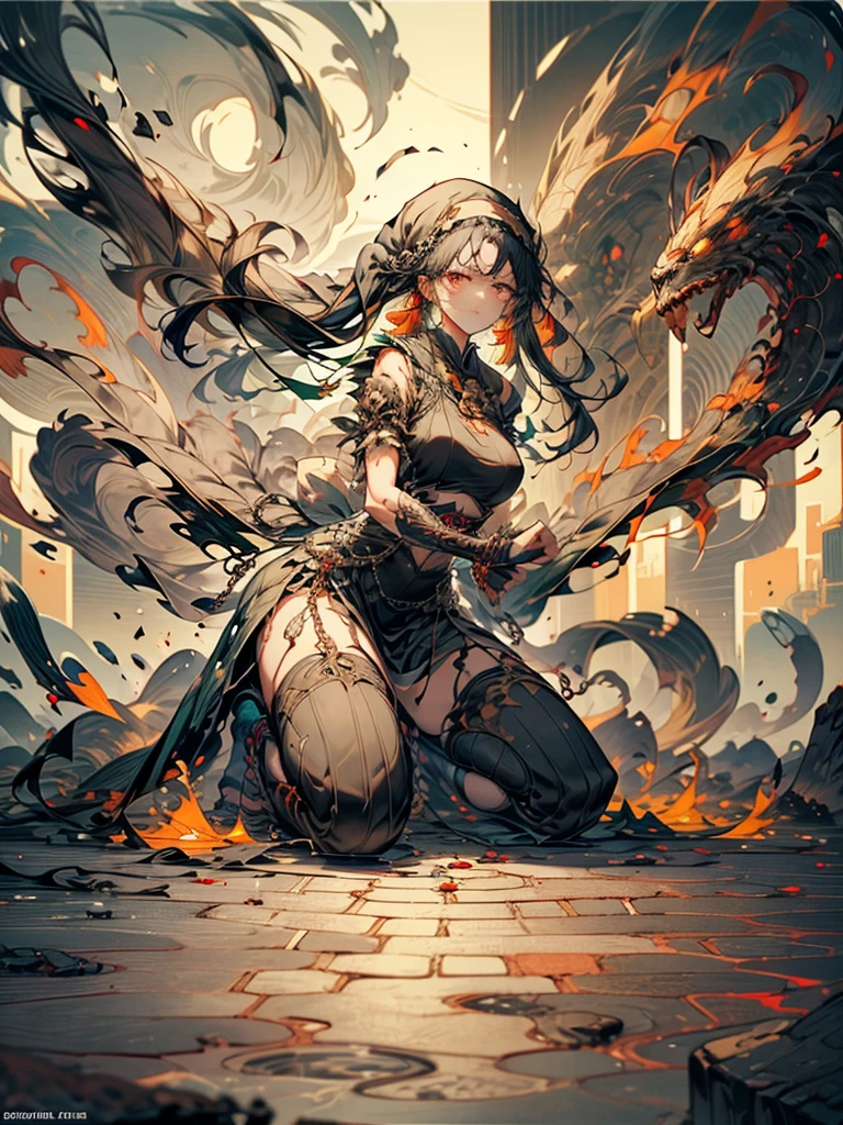 A stunning 8K digital artwork portraying a young Japanese manga girl in her twenties, embodying the essence of anguish and submission. She is depicted with intricate details, her torn clothes and black jilbab contrasting against her delicate features. Her hands are bound by heavy chains, forcing her into a position of vulnerability as she kneels on the unforgiving cobblestone ground in a traditional seiza stance. The agony in her expression is palpable, radiating defeat and helplessness. Surrounding her are onlookers, their gazes a mix of curiosity and indifference, adding to the overwhelming atmosphere of oppression and captivity. This powerful image is a striking interpretation of the intersecting themes of struggle and resilience in the world of manga art.