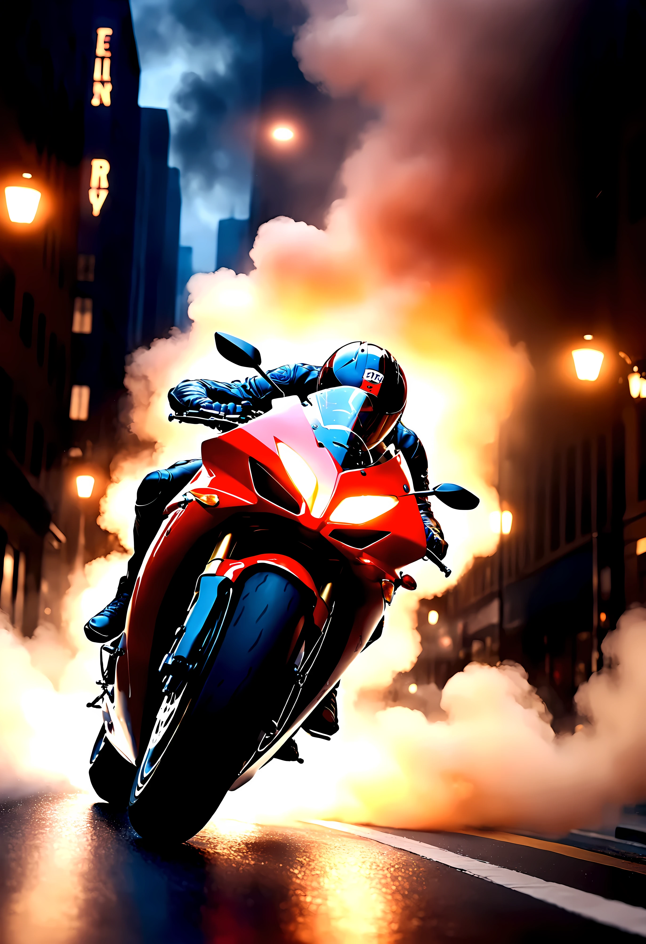 ((Masterpiece in maximum 16K resolution):1.6),((soft_color_photograpy:)1.5), ((Ultra-Detailed):1.4),((Movie-like still images and dynamic angles):1.3), ((motion blur):1.1) | (Cinematic backview photo of a speeding Superbike), (street race), (cinematic lens), ((tyndall effect):1.1), (Street light), (smoke), (super bike), ((backview):1.2), (Night at City Street), (sense of speed), (shimmer), (visual experience), (Realism), (Realistic), award-winning graphics, dark shot, film grain, extremely detailed, Digital Art, rtx, Unreal Engine, scene concept anti glare effect, All captured with sharp focus. | Rendered in ultra-high definition with UHD and retina quality, this masterpiece ensures anatomical correctness and textured skin with super detail. With a focus on high quality and accuracy, this award-winning portrayal captures every nuance in stunning 16k resolution, immersing viewers in its lifelike depiction. Avoid extreme angles or exaggerated expressions to maintain realism. | ((perfect_composition, perfect_design, perfect_layout, perfect_detail, ultra_detailed)), ((enhance_all, fix_everything)), More Detail, Enhance.
