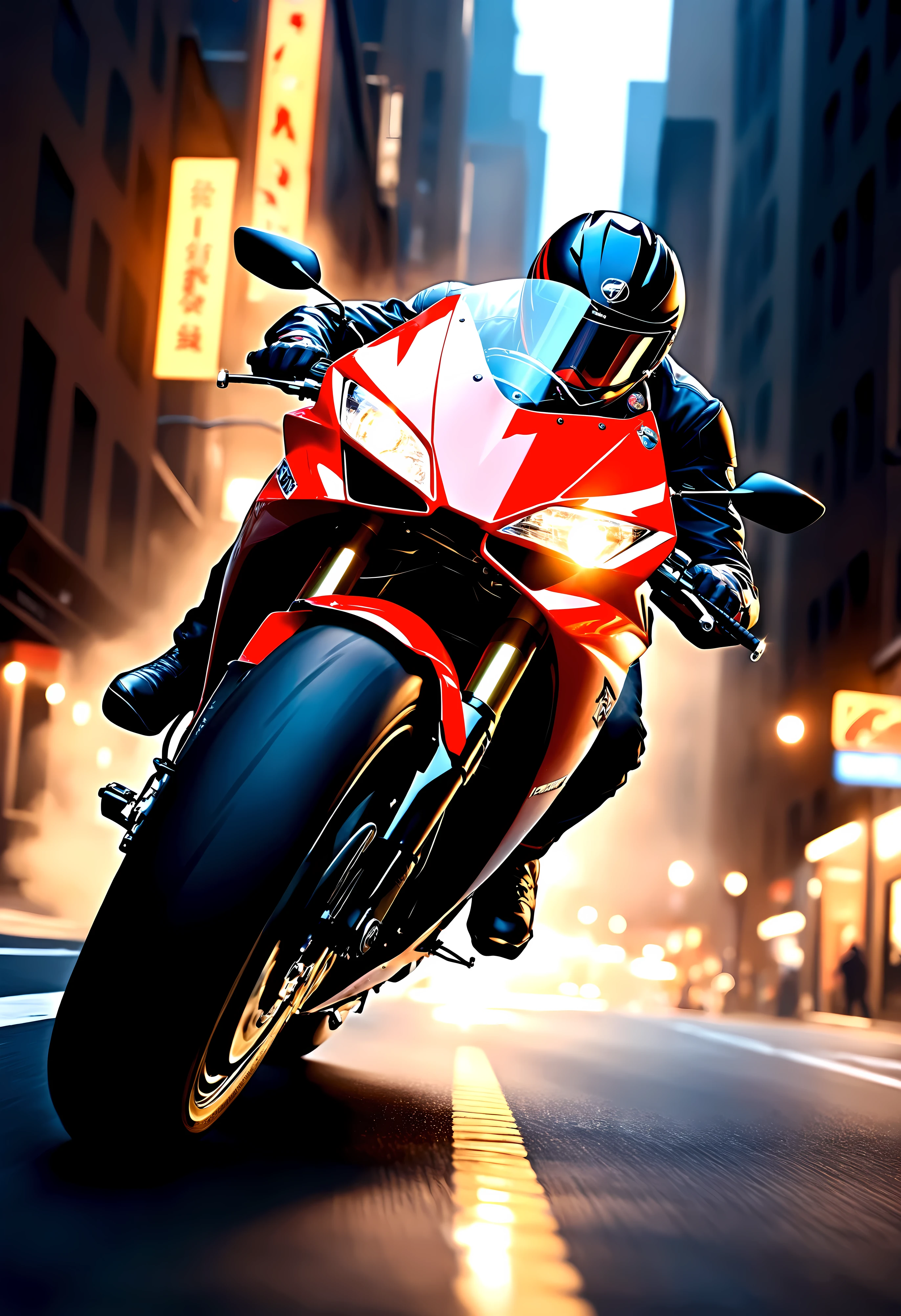 ((Masterpiece in maximum 16K resolution):1.6),((soft_color_photograpy:)1.5), ((Ultra-Detailed):1.4),((Movie-like still images and dynamic angles):1.3), ((motion blur):1.1) | (Cinematic backview photo of a speeding Superbike), (street race), (cinematic lens), ((tyndall effect):1.1), (Street light), (smoke), (super bike), ((backview):1.2), (Night at City Street), (sense of speed), (shimmer), (visual experience), (Realism), (Realistic), award-winning graphics, dark shot, film grain, extremely detailed, Digital Art, rtx, Unreal Engine, scene concept anti glare effect, All captured with sharp focus. | Rendered in ultra-high definition with UHD and retina quality, this masterpiece ensures anatomical correctness and textured skin with super detail. With a focus on high quality and accuracy, this award-winning portrayal captures every nuance in stunning 16k resolution, immersing viewers in its lifelike depiction. Avoid extreme angles or exaggerated expressions to maintain realism. | ((perfect_composition, perfect_design, perfect_layout, perfect_detail, ultra_detailed)), ((enhance_all, fix_everything)), More Detail, Enhance.
