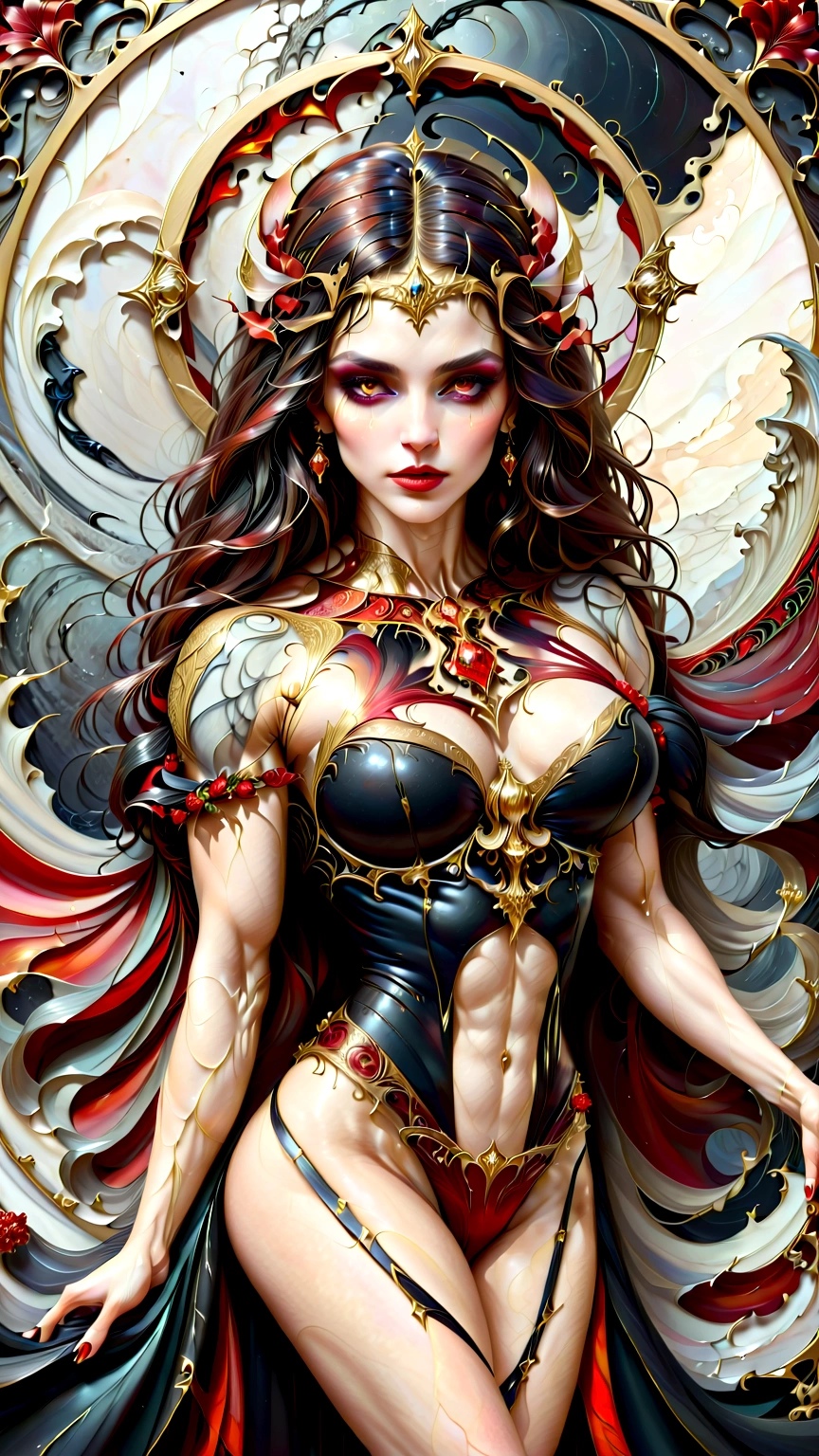 a beautiful illustration of a very muscular vampire girl in an abstract marble texture with a tarot style frame, with colors of obsidian black, shiny gold, and ruby red, highly detailed, intricate design, BY Anne Bachelier,
