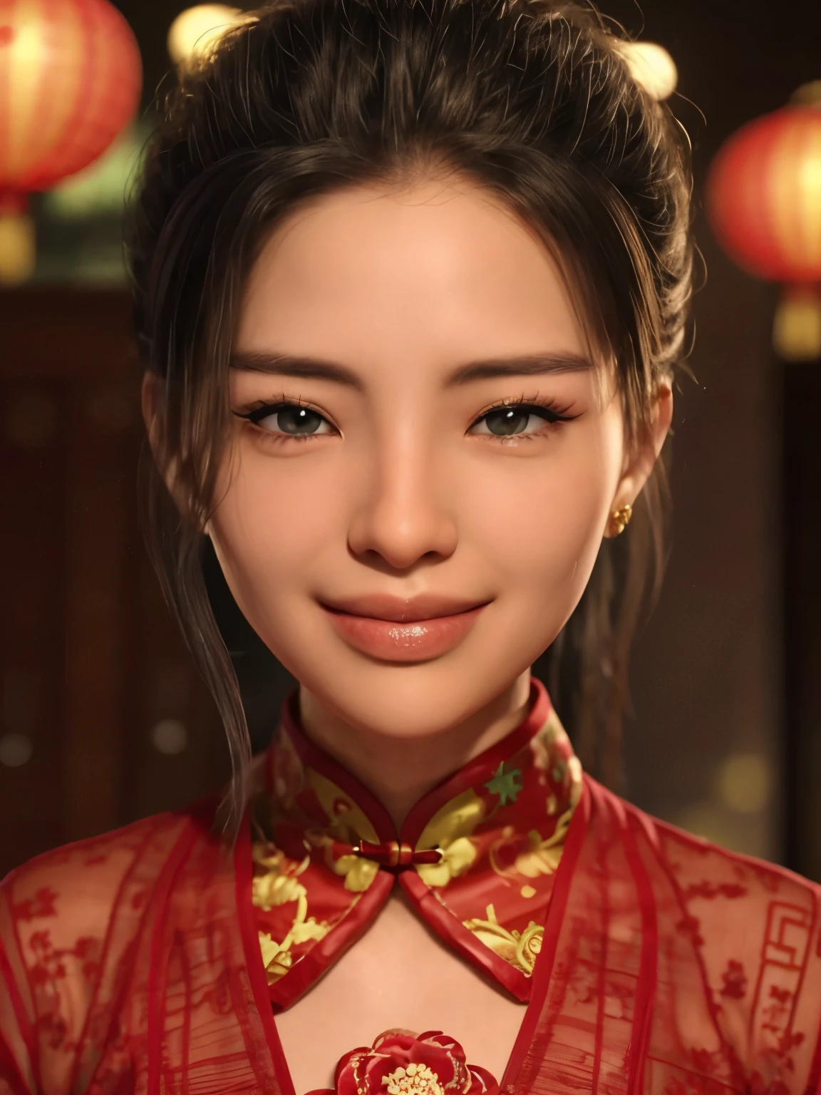 Eyes are very fragile，Double braids with cheongsam，Chinese New Year Decorations（（Smiling artwork）））， （（best quality））， （（Intricate details））， （（Surreal））（8K）