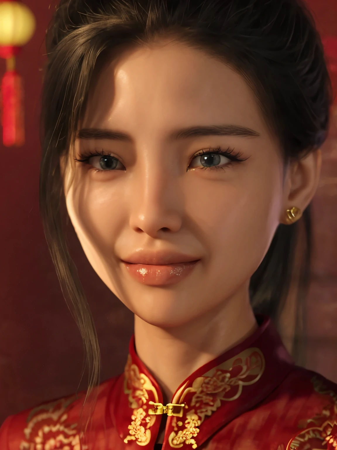 Eyes are very fragile，Double braids with cheongsam，Chinese New Year Decorations（（Smiling artwork）））， （（best quality））， （（Intricate details））， （（Surreal））（8K）