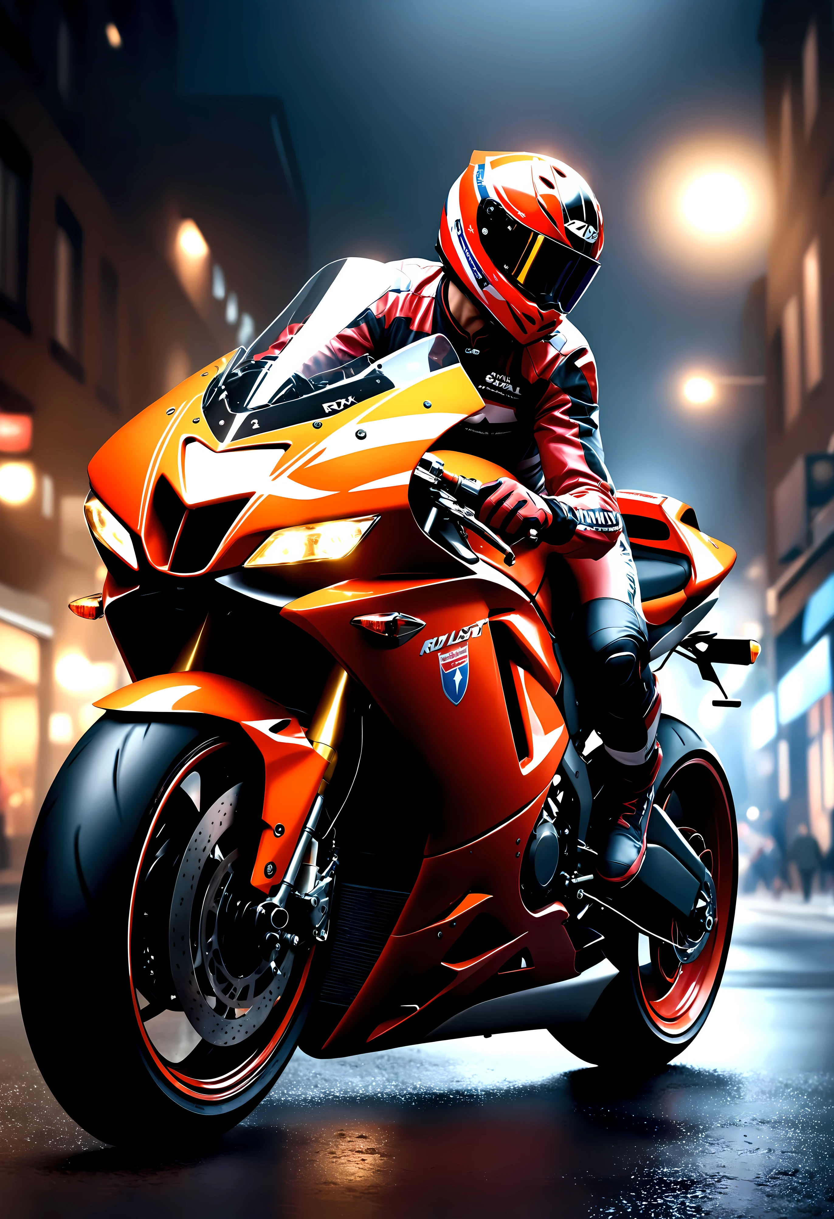 ((Masterpiece in maximum 16K resolution):1.6),((soft_color_photograpy:)1.5), ((Ultra-Detailed):1.4),((Movie-like still images and dynamic angles):1.3), ((motion blur):1.1) | (Cinematic backview photo of a speeding Superbike), (street race), (cinematic lens), ((tyndall effect):1.1), (Street light), (smoke), (super bike), ((backview):1.2), (Night at City Street), (sense of speed), (shimmer), (visual experience), (Realism), (Realistic), award-winning graphics, dark shot, film grain, extremely detailed, Digital Art, rtx, Unreal Engine, scene concept anti glare effect, All captured with sharp focus. | Rendered in ultra-high definition with UHD and retina quality, this masterpiece ensures anatomical correctness and textured skin with super detail. With a focus on high quality and accuracy, this award-winning portrayal captures every nuance in stunning 16k resolution, immersing viewers in its lifelike depiction. Avoid extreme angles or exaggerated expressions to maintain realism. | ((perfect_composition, perfect_design, perfect_layout, perfect_detail, ultra_detailed)), ((enhance_all, fix_everything)), More Detail, Enhance.