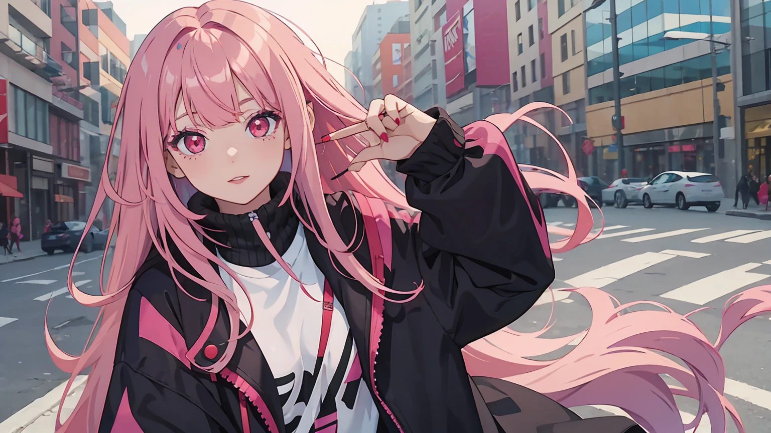 1girl, bangs, pink hair, colored tips, red eyes, jacket, long sleeves, looking at viewer, long hair, portrait, multicolored hair, happy, parted lips, parted bangs, colored tip, purple tip, white highlights, portrait, eyeliner, red eyeliner, red lips, emo goth aesthetic