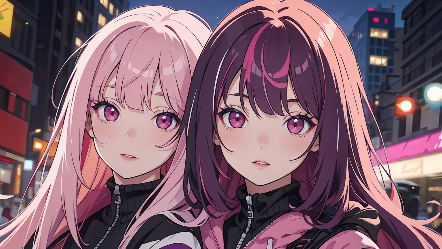 1girl, bangs, pink hair, colored tips, red eyes, jacket, long sleeves, looking at viewer, long hair, portrait, multicolored hair, happy, parted lips, parted bangs, colored tip, purple tip, white highlights, portrait, eyeliner, red eyeliner, red lips, emo goth aesthetic