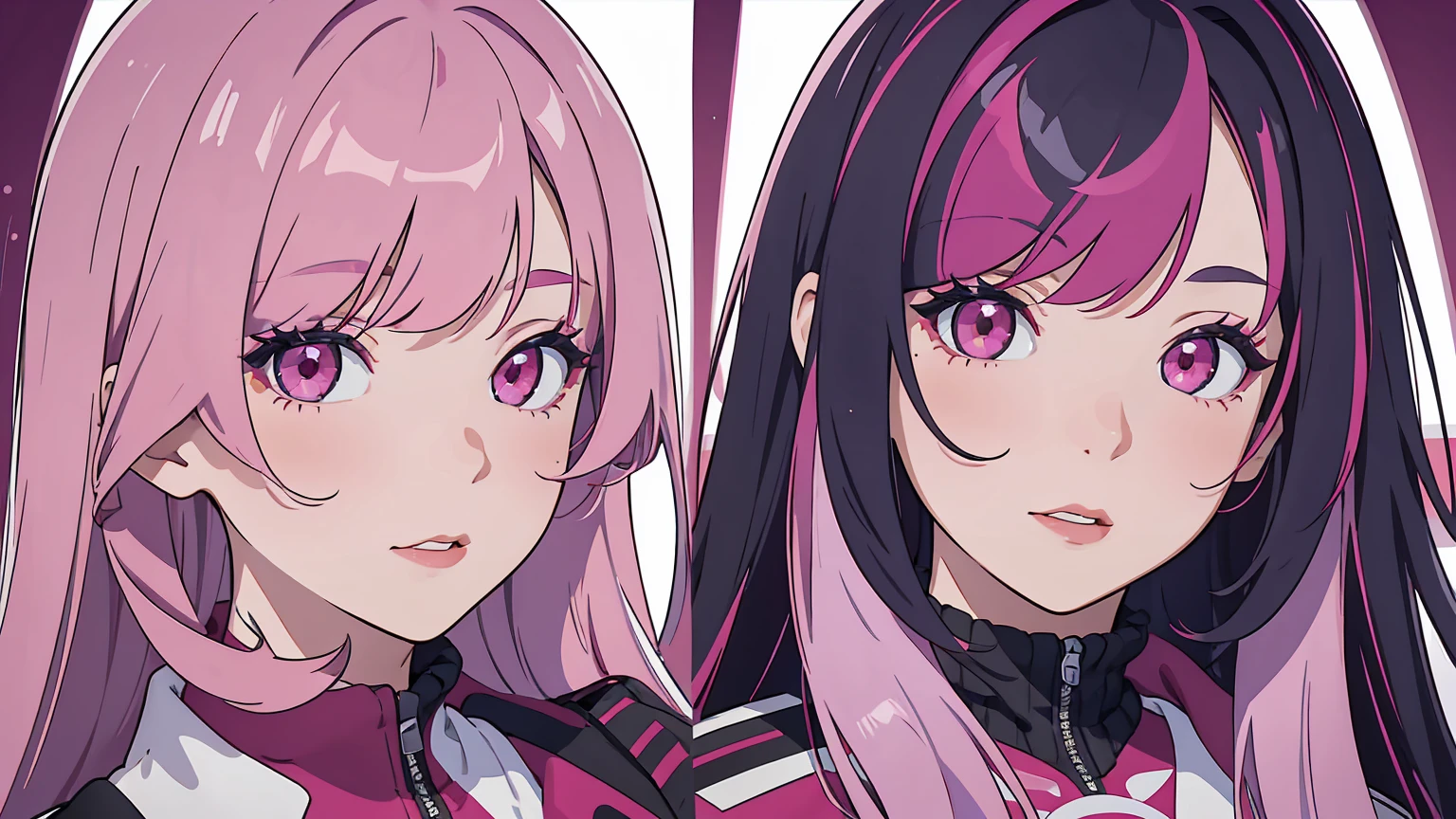1girl, bangs, pink hair, colored tips, red eyes, jacket, long sleeves, looking at viewer, long hair, portrait, multicolored hair, happy, parted lips, parted bangs, colored tip, purple tip, white highlights, portrait, eyeliner, red eyeliner, red lips, emo goth aesthetic