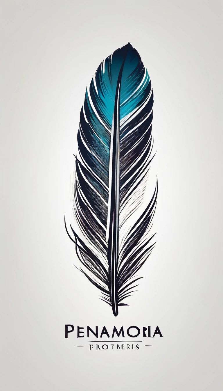 Create a logo design of a special, unique, poetic, minimalistic feather that represents a special creative brand called " Penamemoria". The brand is created by an artist called Rafael Figueiras. The logo must convey the sense of storytelling and music. Must include a boy, one acoustic guitar, a feather and a fantastic bird. Logo design and icon design present and impressed on a white t-shirt.