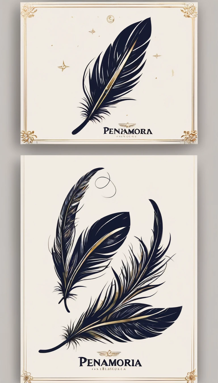 Create a logo design of a special, unique, poetic, minimalistic feather that represents a special creative brand called " Penamemoria". The brand is created by an artist called Rafael Figueiras. The logo must convey the sense of storytelling and music. Must include a boy, one acoustic guitar, a feather and a fantastic bird. Logo design and icon design present and impressed on a white t-shirt.