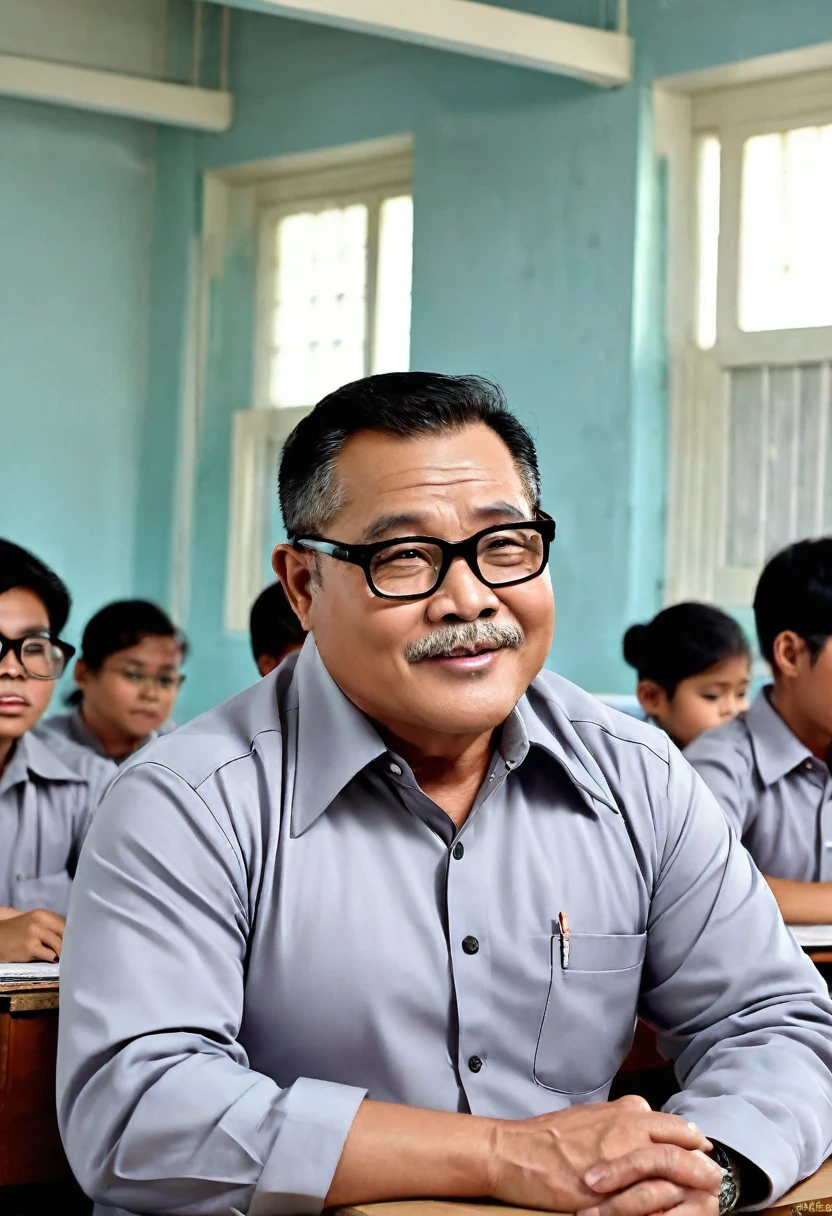 Best quality, intricate, masterpiece, man Indonesian, Teacher, muscle, mature old age, chubby, teacher's uniform, teaching students, class room, small dick, transparent glasses.