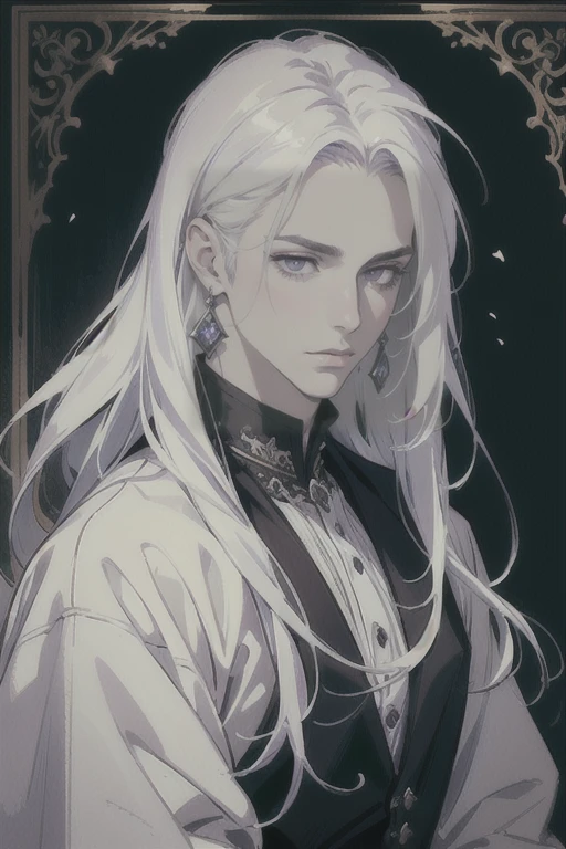 ((masterpiece)), (((best quality))), portrait, prince, 1 male, pale white skin, white hair, long hair, straight hair, handsome man, detailed background of a castle, violet eyes, purple eyes, earrings, realistic medieval clothing, detailed face, highest quality, highly detailed, original, high resolution CG Unit 8k wallpaper, (depth of field: 1.5), fidelity: 1.3, (best quality, artwork, masterpiece, 4k)