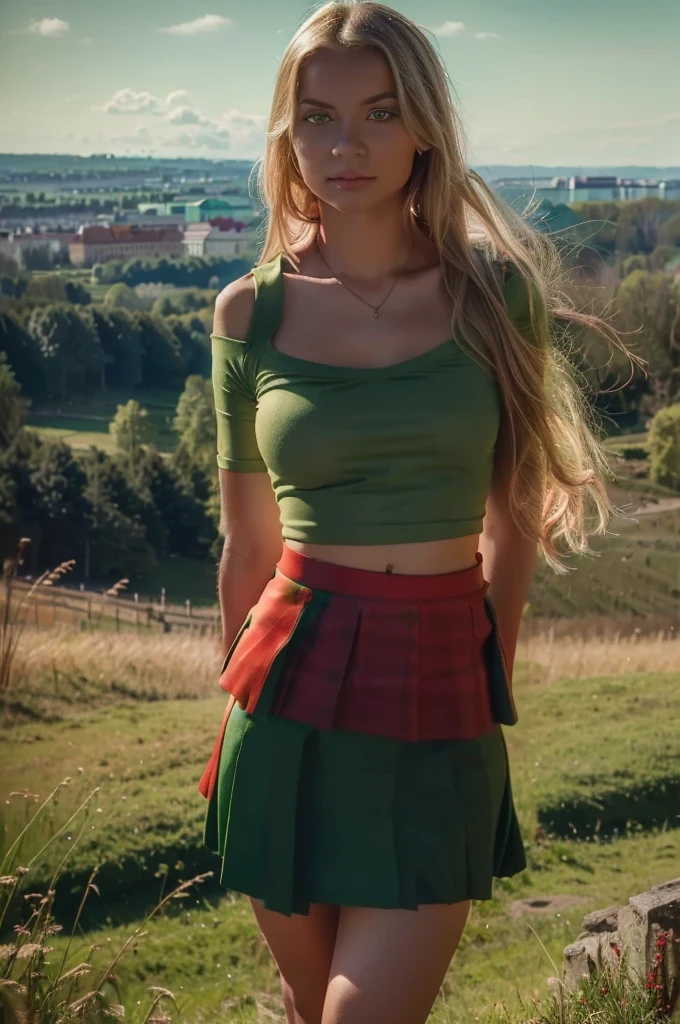 Lituania, pretty women blonde standing up, (((wear a green top)), (((wear a red skirt))), ((hills of Vilnius behind)), tree cross of Vilnius