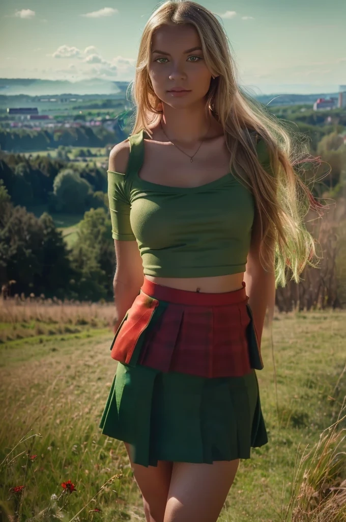 Lituania, pretty women blonde standing up, (((wear a green top)), (((wear a red skirt))), ((hills of Vilnius behind)), tree cross of Vilnius