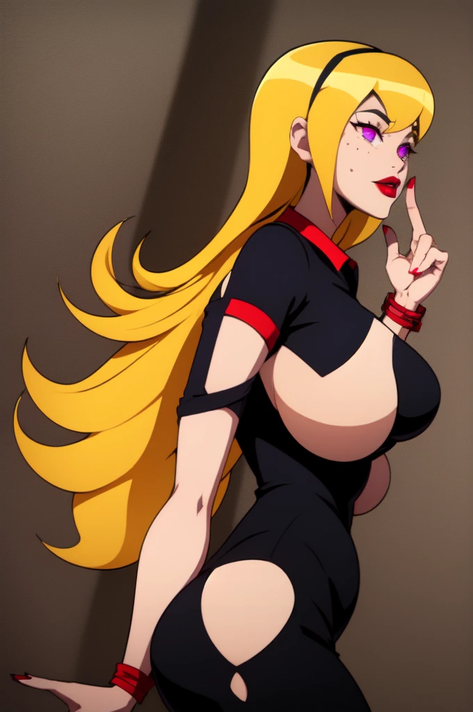 yellow hair, black dress, freckles, lipstick, big boobs, purple eyes, Lucy Mann, big ass, seductive pose, solo, tight outfit, masterpiece, high quality, humanoid, ultra 4k, black polo, red collar, red cuffs, white single 5 point star shirt design centered