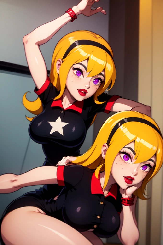 yellow hair, black dress, freckles, lipstick, big boobs, purple eyes, Lucy Mann, big ass, seductive pose, solo, tight outfit, masterpiece, high quality, humanoid, ultra 4k, black polo, red collar, red cuffs, white single 5 point star shirt design centered