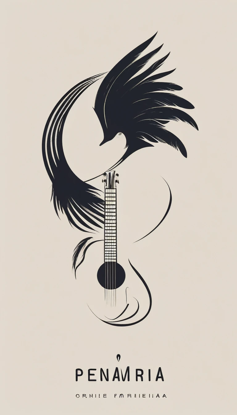 A minimal, modern, simple, cinematic logotype for the brand “Penamemoria". The logotype must be a simple, magical feather and a boy playing acoustic guitar. The logo must convey a sense of music, stories and dreams. Logo design impressed on a book cover. Minimalistic logo