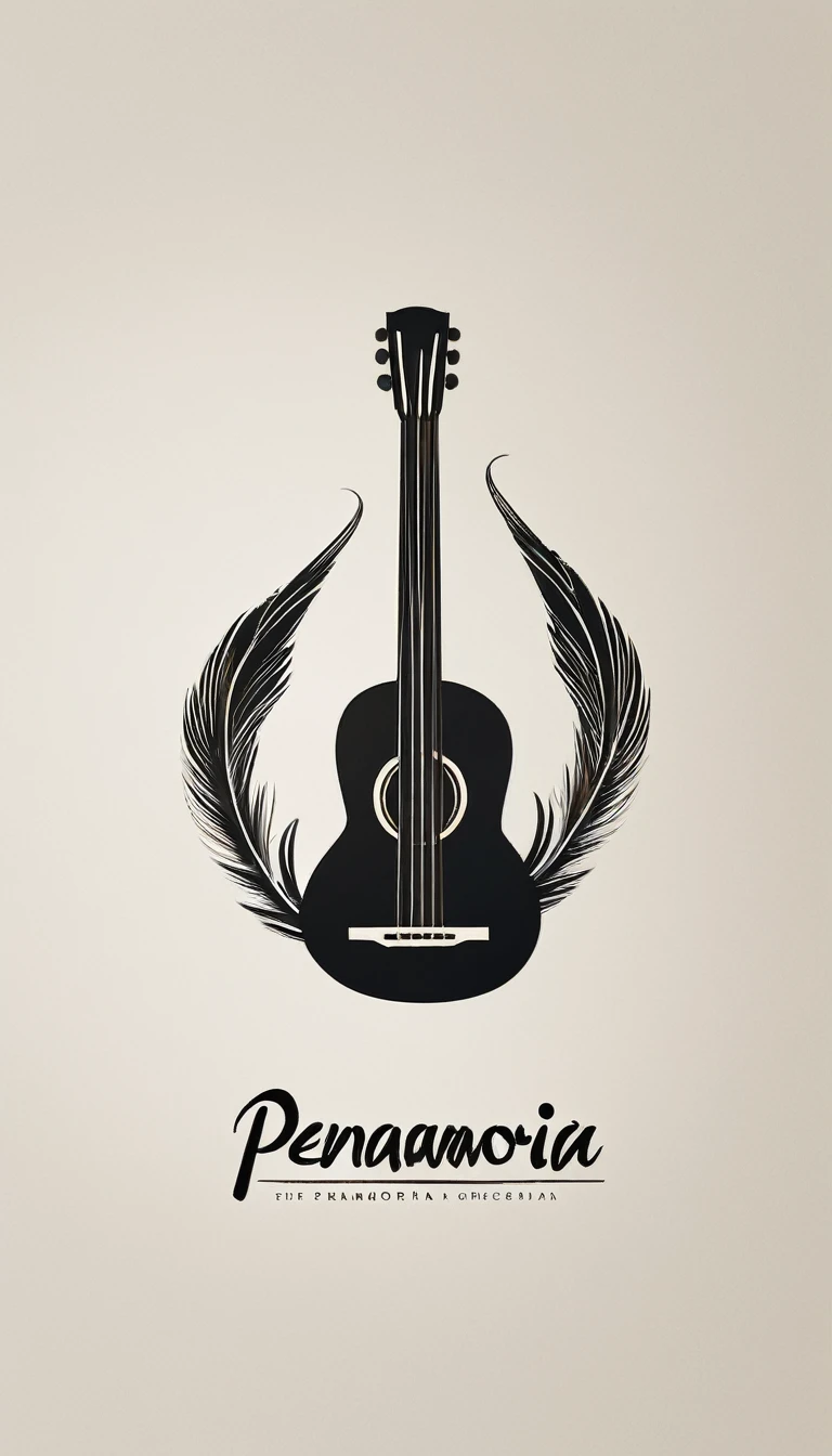 A minimal, modern, simple, cinematic logotype for the brand “Penamemoria". The logotype must be a simple, magical feather and a boy playing acoustic guitar. The logo must convey a sense of music, stories and dreams. Logo design impressed on a book cover. Minimalistic logo