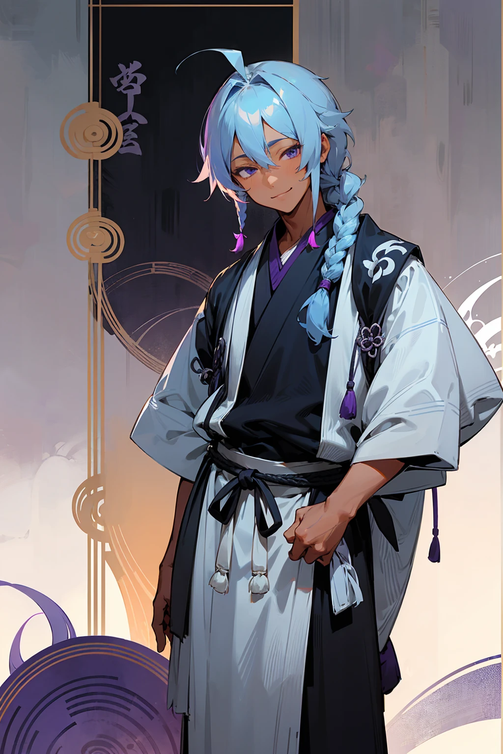 1male, tan skin, teenager, blind eyes, light blue hair, dark purple hair, half blue half purple hair, one braid in back, smiling expression, open black and white ukata, old japanese background, , detailed background, detailed face, standing on path, hand to side