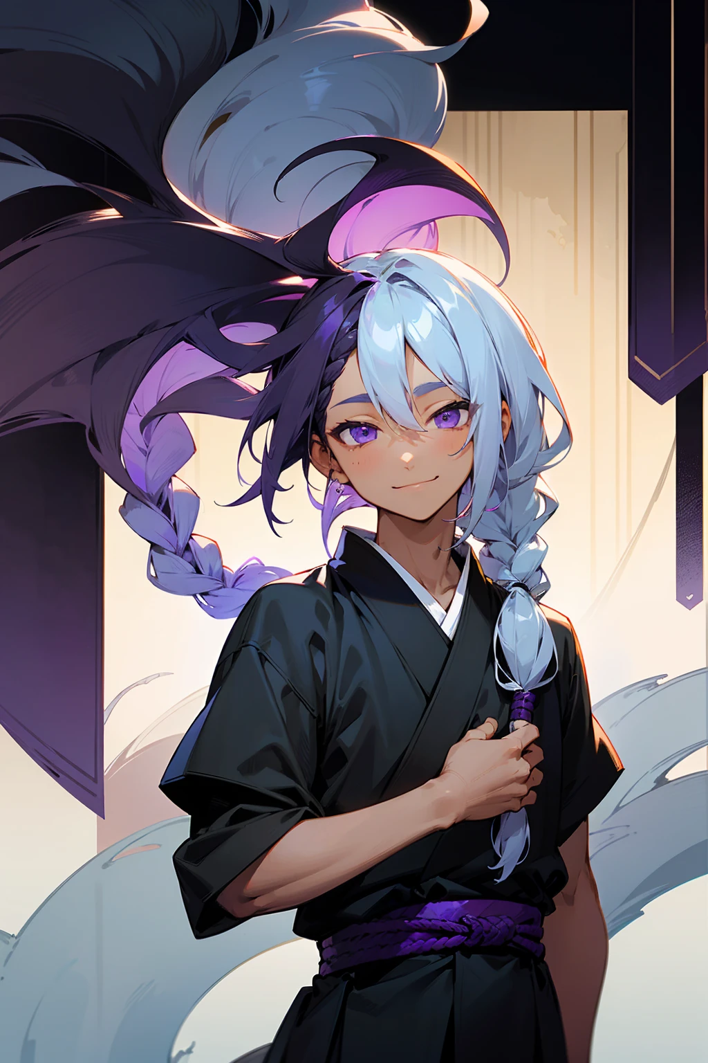 1male, tan skin, teenager, blind eyes, light blue hair, dark purple hair, half blue half purple hair, one braid in back, smiling expression, open black and white ukata, old japanese background, , detailed background, detailed face, standing on path, hand to side