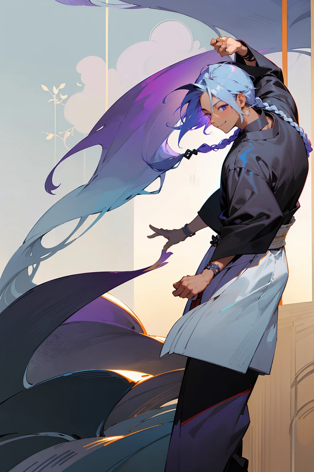 1male, tan skin, teenager, blind eyes, light blue hair, dark purple hair, half blue half purple hair, one braid in back, smiling expression, open black and white ukata, old japanese background, , detailed background, detailed face, standing on path, hand to side