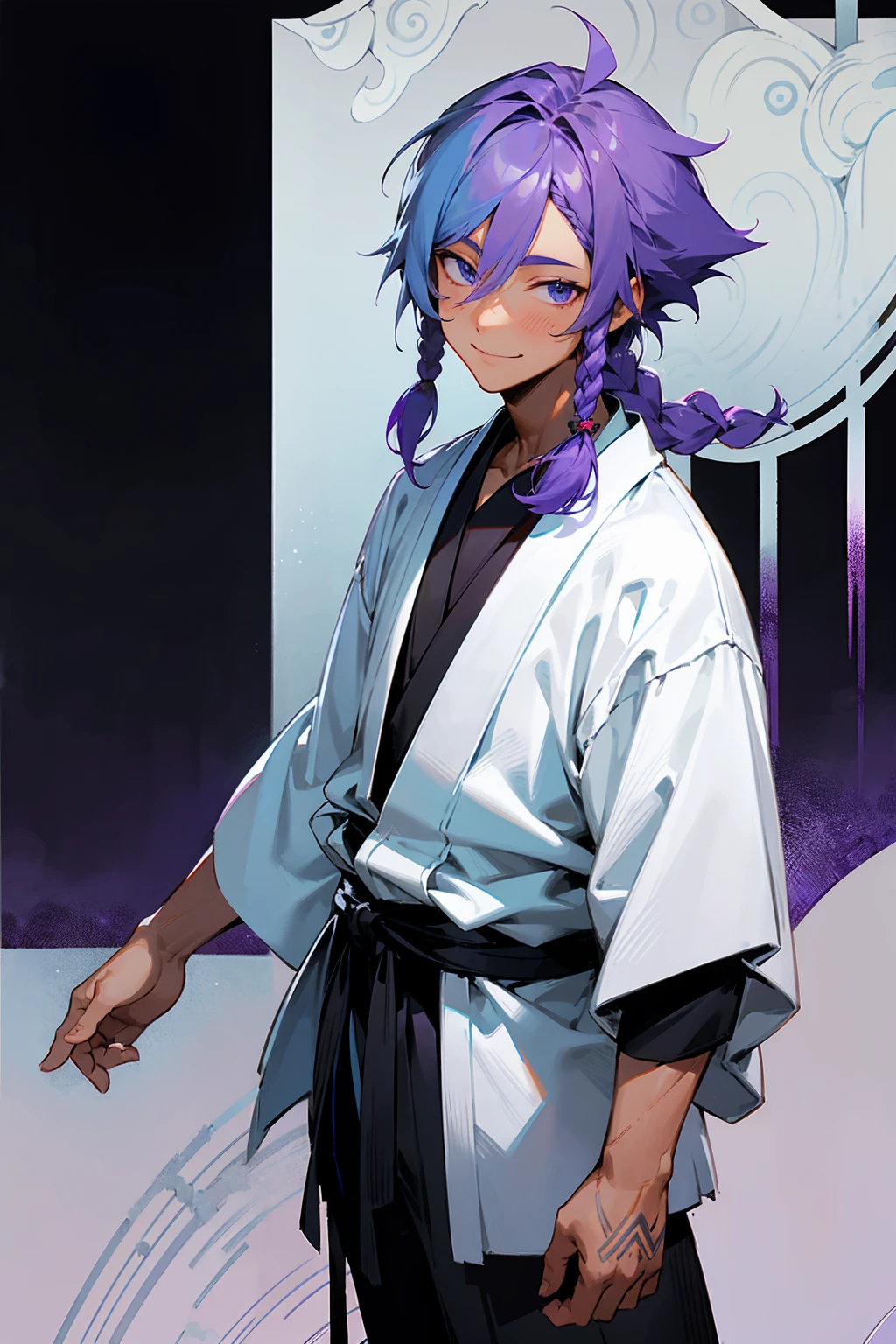 1male, tan skin, ager, blind eyes, light blue hair, dark purple hair, half blue half purple hair, one braid in back, smiling expression, open black and white ukata, old japanese background, , detailed background, detailed face, standing on path, hand to side