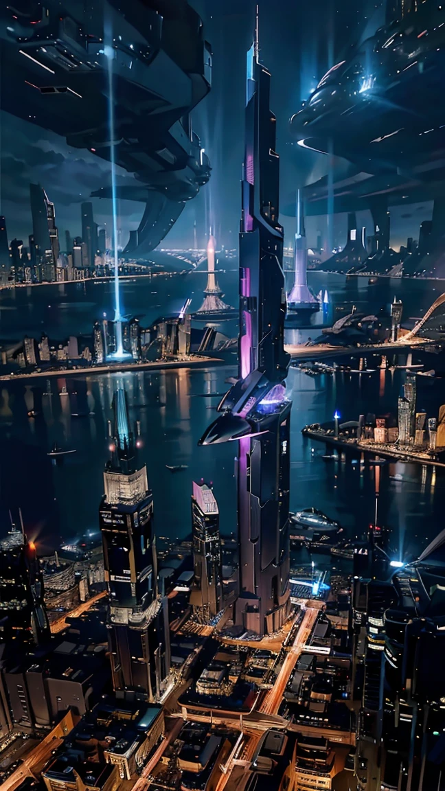Night view seen from an airplane,Future city:1.3,portra,flying spaceship,skyscraper,work of art,highest quallity,ultra high resolution,(super verbose:1.2),8K,photorrealistic,better aesthetics,comely
