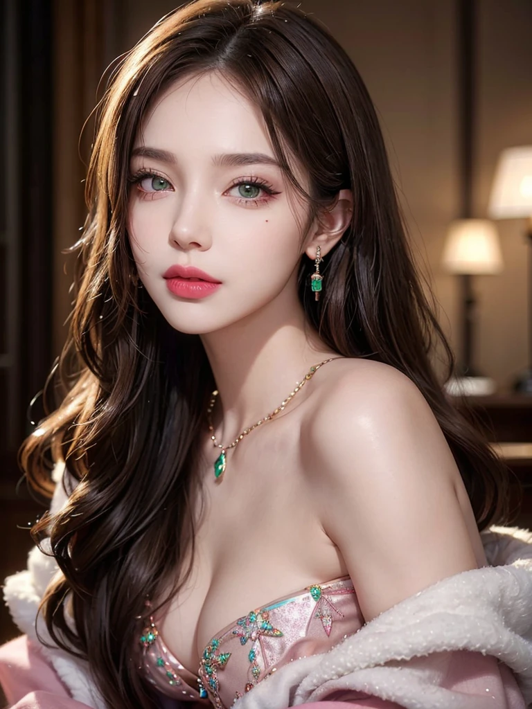  1girl, alone, solitary, high quality, (best quality,4k,8k,highres,masterpiece:1.2),ultra-detailed,(realistic,photorealistic,photo-realistic:1.37),gorgeous hair,light brown hair,long hair with curls and bangs,sharp eyes,mole under the eye,plump lips,jewelry,(high detailed skin:1.4),(rim lighting:1.3),(lit:1.3),(sunny day:1.3),portrait,beautiful lips,waist-length hair,seductive gaze,moles,casual clothes,colorful clothing,close up,super long hair,choker necklace,light green eyes,bangs,fringe,dimples on the cheeks,dimples,brown hair,lighthair,brown hair,black,red lips,red lipstick,round lips,round pouty lips,pouty lips,douyin makeup,sparkly makeup,glitter,contact lenses,blue,green,pink,purple,wine red,highlights,colored highlights,piercings,gems,glitter,lipstick,lip gloss,green eyes,tattoos,tattooed,navel piercing