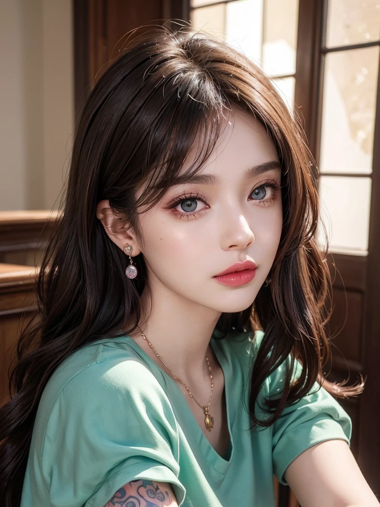  1girl, alone, solitary, high quality, (best quality,4k,8k,highres,masterpiece:1.2),ultra-detailed,(realistic,photorealistic,photo-realistic:1.37),gorgeous hair,light brown hair,long hair with curls and bangs,sharp eyes,mole under the eye,plump lips,jewelry,(high detailed skin:1.4),(rim lighting:1.3),(lit:1.3),(sunny day:1.3),portrait,beautiful lips,waist-length hair,seductive gaze,moles,casual clothes,colorful clothing,close up,super long hair,choker necklace,light green eyes,bangs,fringe,dimples on the cheeks,dimples,brown hair,lighthair,brown hair,black,red lips,red lipstick,round lips,round pouty lips,pouty lips,douyin makeup,sparkly makeup,glitter,contact lenses,blue,green,pink,purple,wine red,highlights,colored highlights,piercings,gems,glitter,lipstick,lip gloss,green eyes,tattoos,tattooed,navel piercing