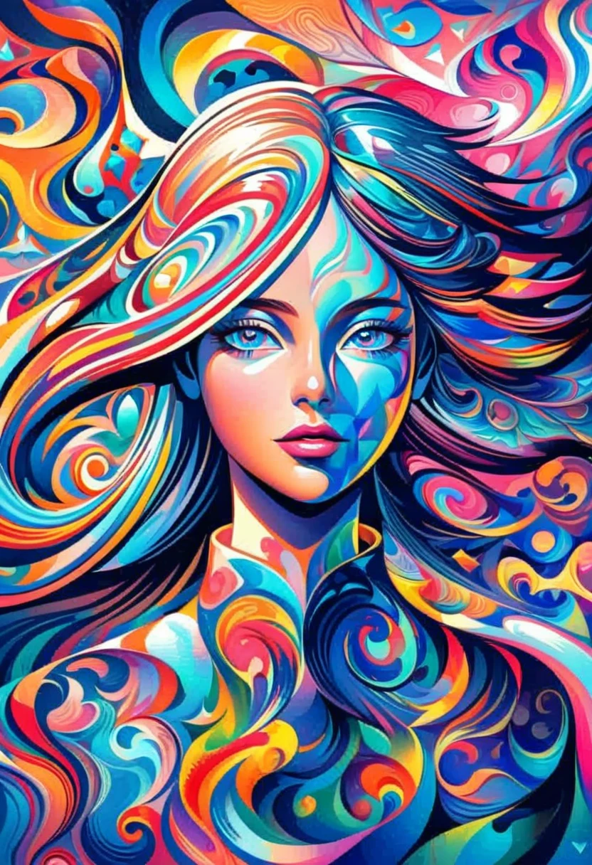 Please turn the provided image into a painting keeping the same agape face features and realistic likeness and with the following characteristics: Art Style: Flowing Picasso style. Colors: Vibrant and dynamic, using bold and contrasting colors like the photo Details: Emphasize abstract shapes and flowing lines to capture the essence of her features. Mood: Artistic and expressive, with a surreal and imaginative touch. Background: Complementary to the Picasso style, potentially with abstract elements or patterns. Note: The final image should creatively reinterpret her likeness in a way that feels both unique and artistic, reminiscent of Picasso's distinctive and abstract painting style.