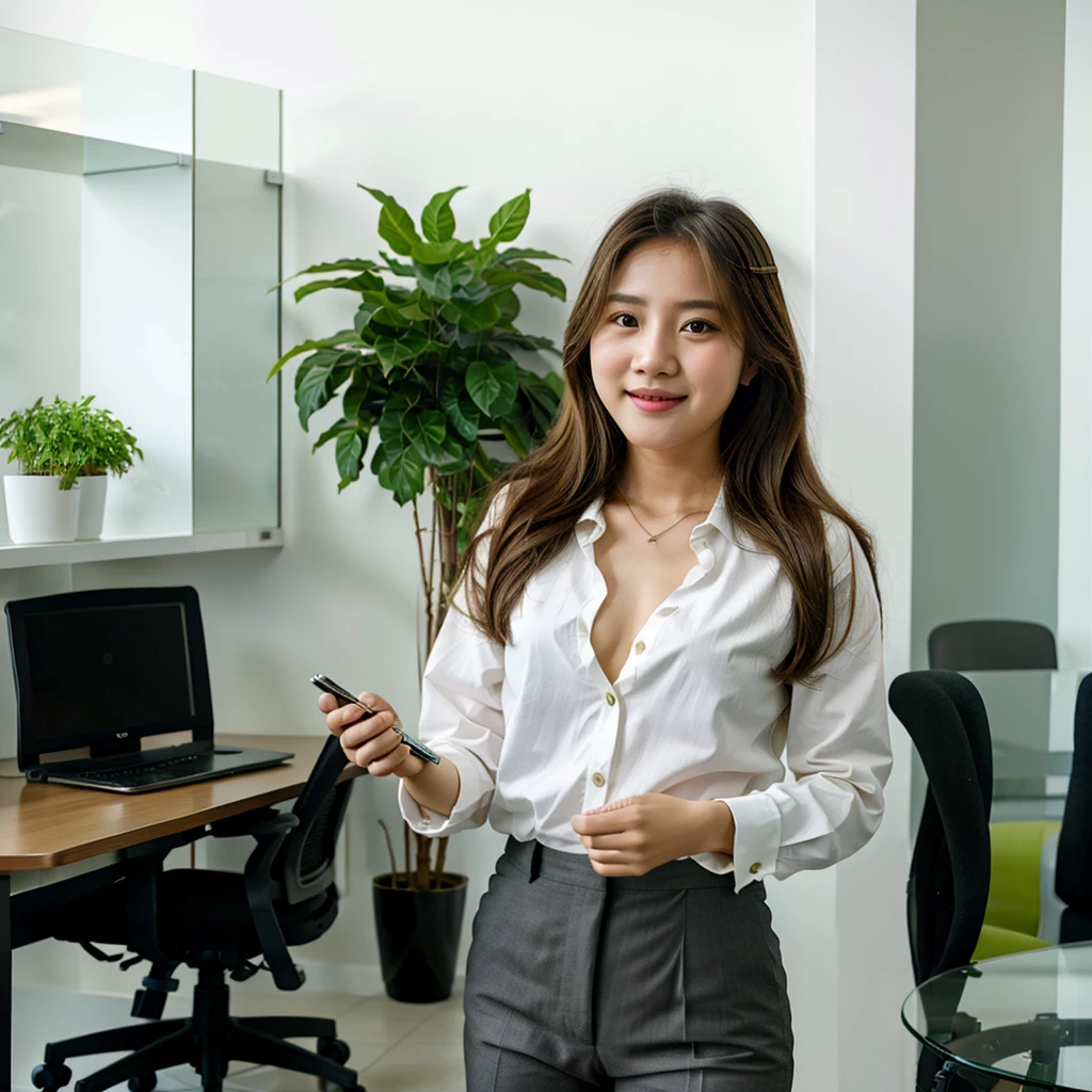 A young Vietnamese woman named Lyna, around 27 years old, is standing in a modern interior space. She is wearing a gray suit and a white shirt, smiling warmly and welcomingly. She is holding a notebook or a document in her left hand and her right hand is open as if explaining or inviting. The background is a bright area with large glass windows, green plants, and modern furniture, resembling an open office or a professional workspace, UHD, high details, best quality