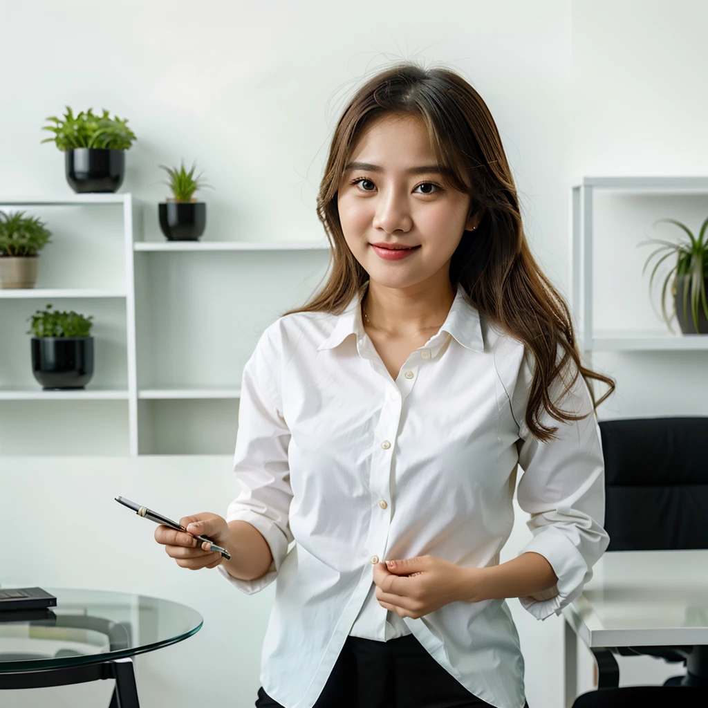 A young Vietnamese woman named Lyna, around 27 years old, is standing in a modern interior space. She is wearing a gray suit and a white shirt, smiling warmly and welcomingly. She is holding a notebook or a document in her left hand and her right hand is open as if explaining or inviting. The background is a bright area with large glass windows, green plants, and modern furniture, resembling an open office or a professional workspace, UHD, high details, best quality