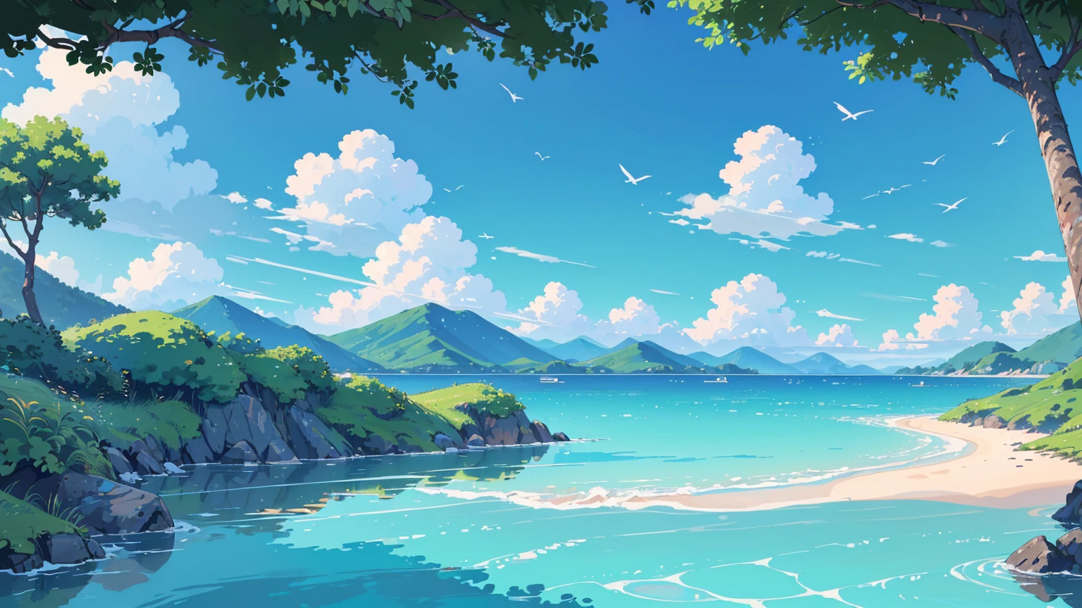 ((best quality,4K,8K,high resolution,masterpiece:1.2),Extremely detailed,(Practical,photoPractical,photo-Practical:1.37),Chinese style(Chinese style插画)Blue sky,White Cloud,birds in the distance,Sea,Great prospects,Vision,landscape,Waves,peaceful,peaceful,fresh air,peaceful的气氛,Endless Horizon,Vibrant colors,sky reflection on Sea surface,Lush greenery,The trees swayed,trunk,Mountains in the background,Magnificent beauty of nature,Land and sea,relaxing environment, Background only, Only the view,