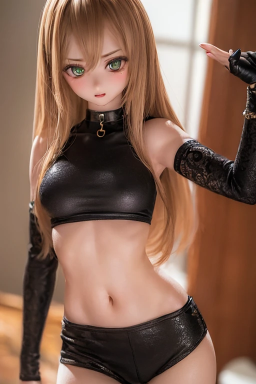 (SFW:2), photorealistic, realistic photo, ((highest quality)), ((masterpiece)), (extremely detailed), kukolnydom, doll, (mature woman, 22yo, 22 years old:1.6), solo, ((cowboy shot, dynamic pose)), (skinny, slender, slim, parted lips), green eyes, brown hair, (navel, looking at another, gradient eyes, shining eyes, detailed eyes, detailed face:1.3), tank top, leggings under shorts, choker, room, 8k