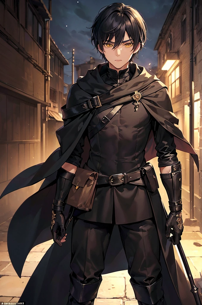 (masterpiece; best quality: 1.2), (finely detailed eyes: 1.3), ((25 year old man)), ((solo)), (yellow eyes: 1.4), (body; lithe, lean, slender: 1.3), (very short black hair: 1.3), (beautiful and clear background: 1.2), ((depth of field)), (clothes: black assassin attire + black high-neck tunic + black pants + black gloves + black cloak + belts + traveler pouches and satchel: 1.3), (anime illustration: 1.2), (background; medieval slums alleyway + night: 1.1), (extremely fine and handsome: 1.1), (shot composition; standing + centered on torso + close-up: 1.5), (expression; calm, stoic: 1.2)